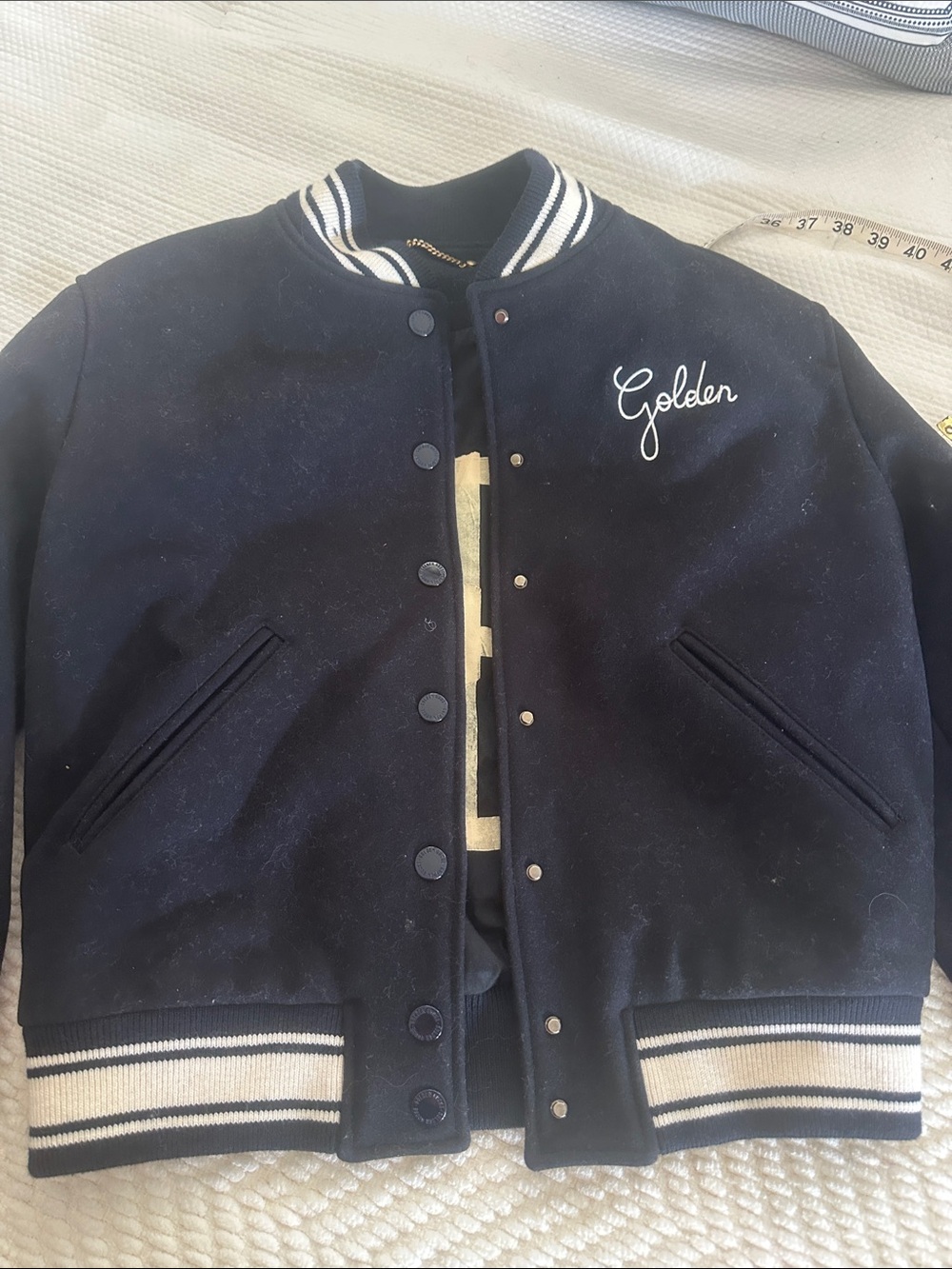 Golden Goose Navy and White Varsity Jacket with Script Logo